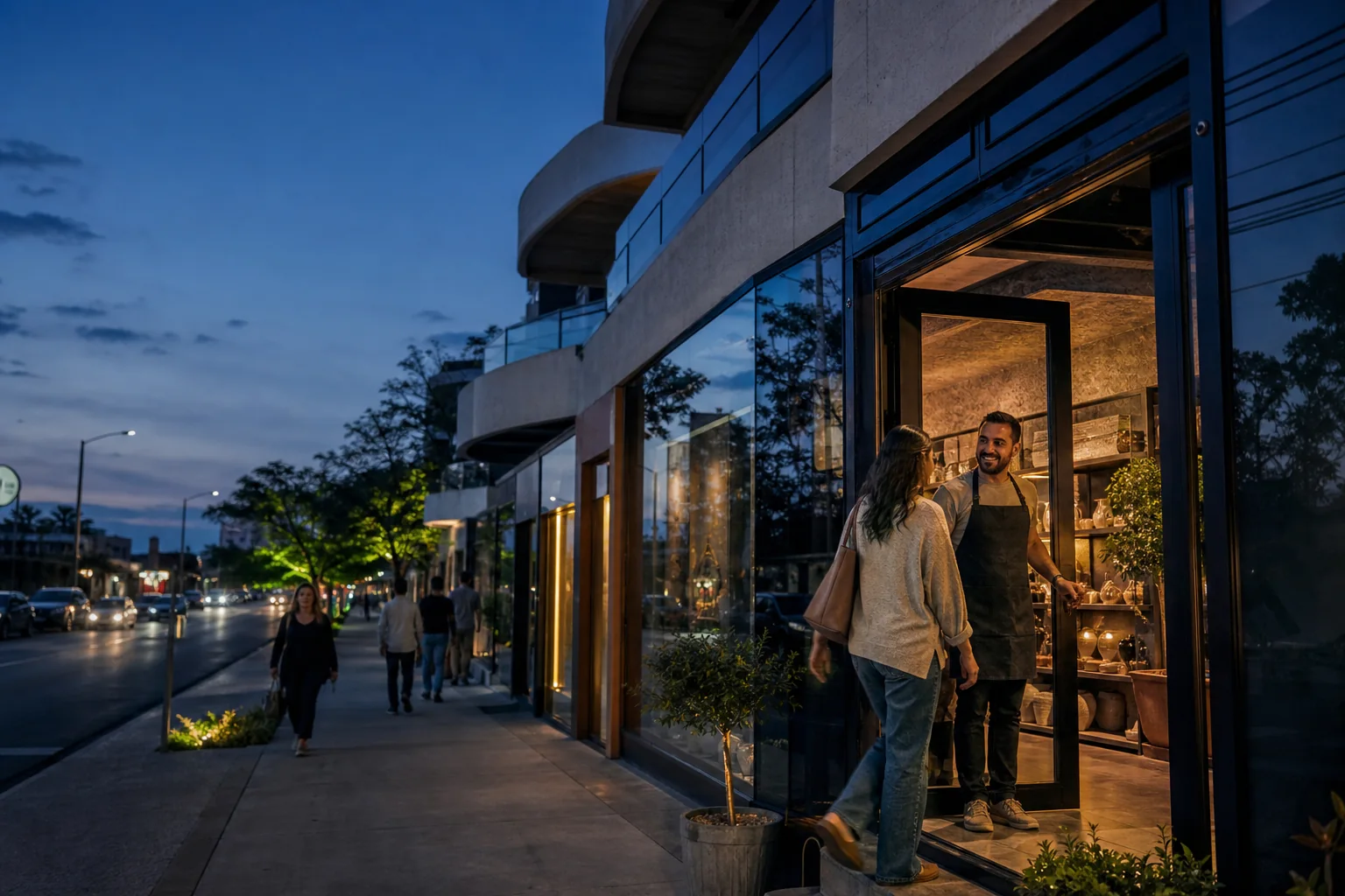 Comércio de bairro recebendo clientes no início da noite