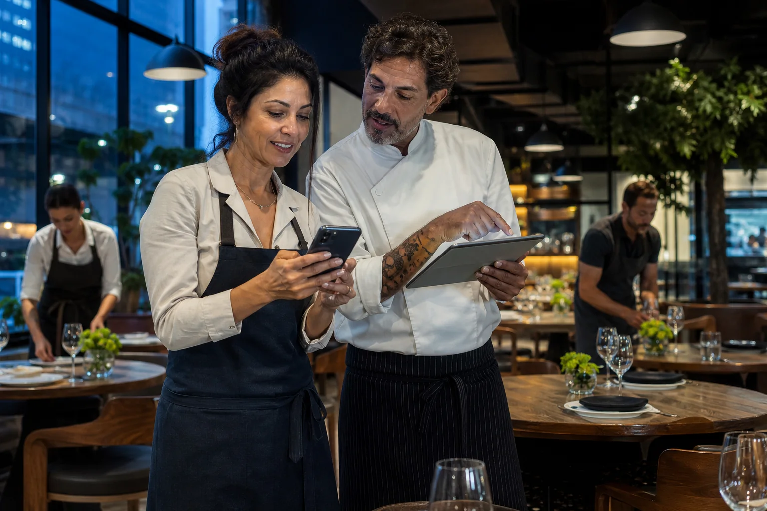 Gestores de um restaurante acompanhando reservas e capacidade de atendimento